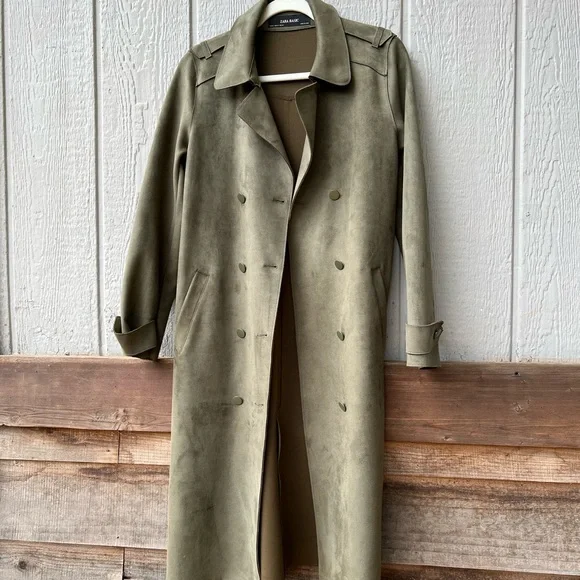 Zara Basic full length faux suede army green button up collared trench coat - Picture 2 of 15
